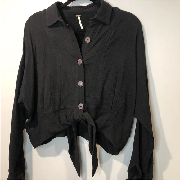 Womens Free People Black Sunstreaks Tie Front Blouse Button Front Womens Small - Picture 2 of 9
